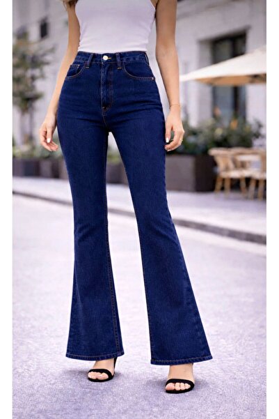 MRİABE Milano Women's Dark Navy Blue High-Waisted Lycra Spanish Leg Flare Jeans