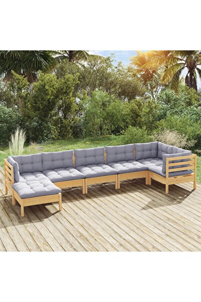 vidaxl Set mobilier gradina cu perne gri, 7 piese, lemn masiv de pin