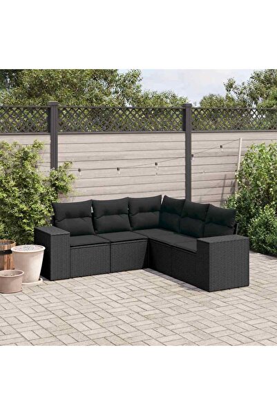 vidaxl Garden furniture set with cushions, 5 pieces, black, polyrattan