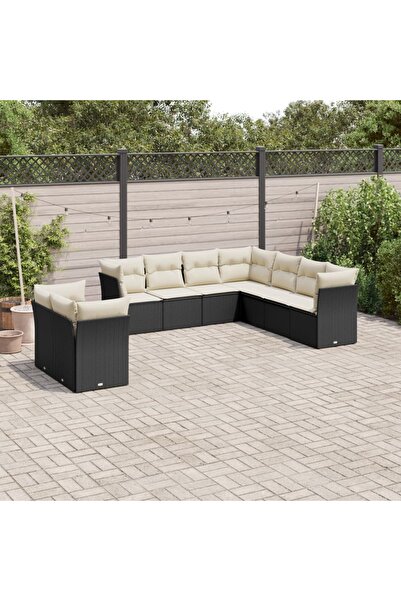 vidaxl Garden furniture set with cushions, 9 pieces, black, polyrattan