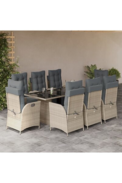 vidaxl Garden furniture set with cushions, 9 pieces, light grey, polyrattan