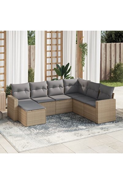 vidaxl Set canapele de gradina, 7 piese, cu perne, bej, poliratan