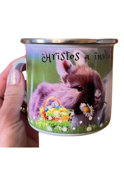 OEM White enameled steel mug, 360 ml volume, white, bunny model with Easter text