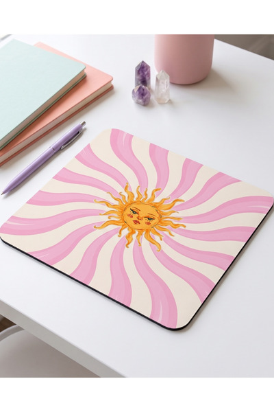 matizya Güneş Desenli Kare Mouse Pad Pembe Dalgalı Arka Planlı Bohem Aestheti...