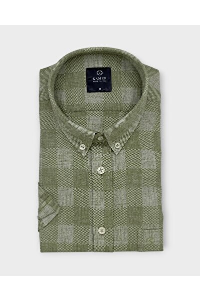 KAMER Men's Regular Fit 100% Cotton Short Sleeve Button-Up Collar Plaid Green...
