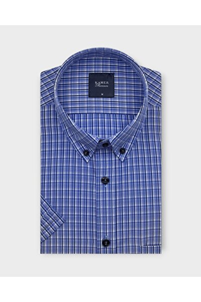 KAMER Men's Regular Fit Short Sleeve Button-Up Collar Plaid Saks Blue Shirt 9...