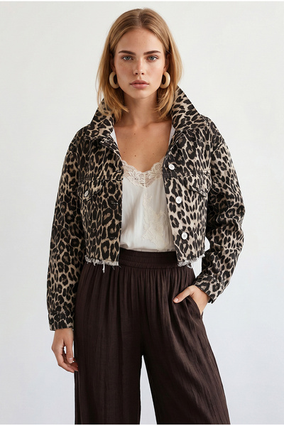Olalook Ženska traper jakna sa leopard uzorkom, sirovi kroj, kratka, CKT-1900...
