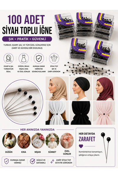 Organizasyon Pazarı 100’lü Siyah Toplu İğne Türban, Eşarp, Şal, Düğün, Kına, ...