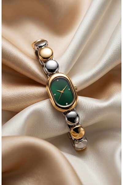 KLISHE Butik Women's Steel Watch Gold & Silver Mix Color Green Dial Oval Case...