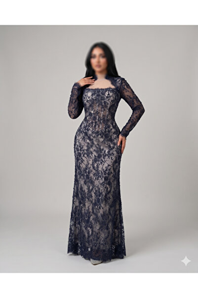TOP BERLANTY Luxury Beaded Lace Navy Blue Evening Dress