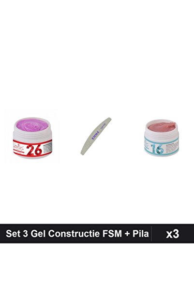 Makeup Set 3 Gel Constructie UV LED FSM 15g, Nuante 26 și 16, Pila Unghii EMM...