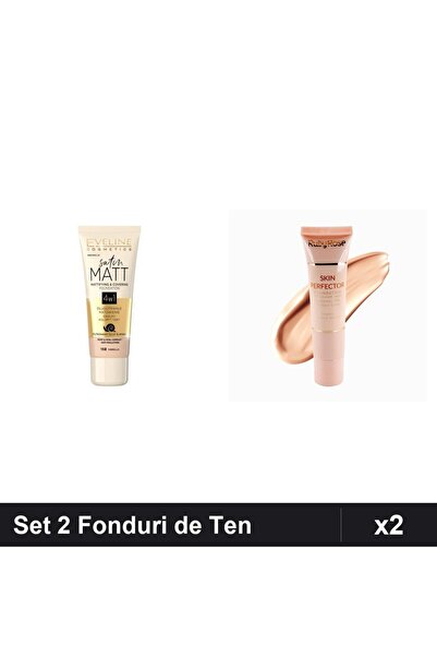 Makeup Set 2 Fonduri de Ten Eveline Satin Matt 102 Vanilla & Ruby Rose 01, Ma...