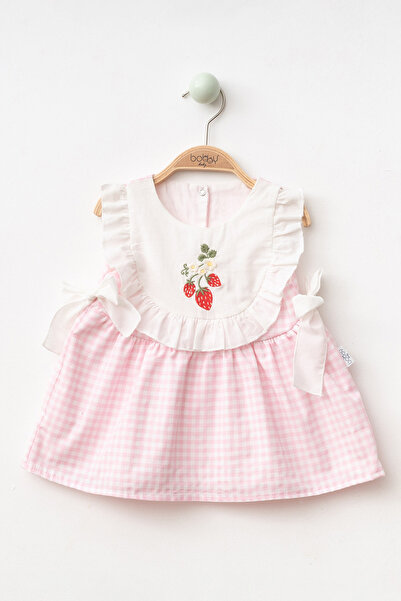 YUKOBABY KIZ BEBEK ÇİLEK NAKIŞLI PÖTİKARE FİYONKLU ELBİSE YK1734FW