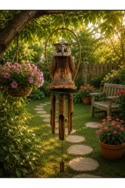 Natural Wooden Owl Wind Bell Bamboo Garden Balcony Decor Handmade Decorative Wind Bell