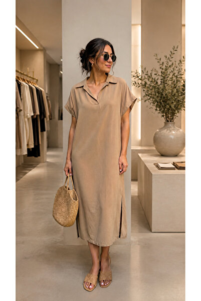 Butik Polo yaka yanı yırtmaçlı uzun elbise
