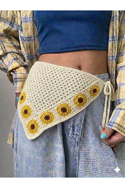 synshop Knitted Sunflower Pattern Triangle Waist Bandana Women Bohemian Vinta...