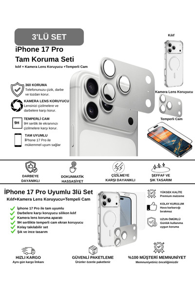 İPhone 17 Pro Uyumlu Temperli Cam+Kamera Lens Koruyucu+Magsafe Kılıf Tam Koruma Set