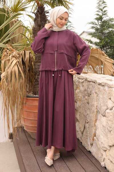 İmajButik Plum Zippered Rubberized Jacket and Skirt Set