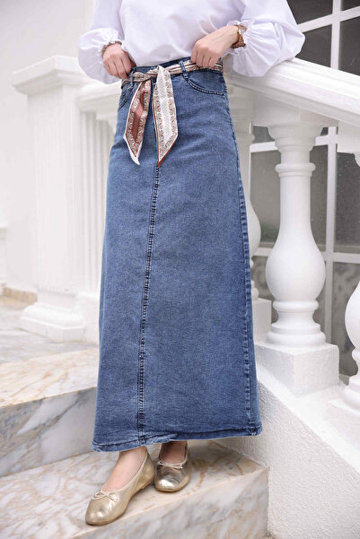 İmajButik Blue Shawl Belted Denim Skirt