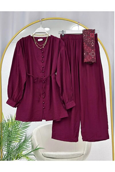 MODA VEDAT Women's Button Detailed Waist Drawstring Strawberry Fabric Suit -0600