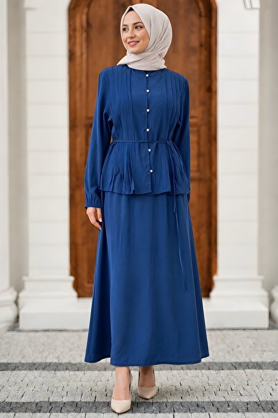 İmajButik Indigo sudija kragna rebrasta modalna tkana suknja komplet