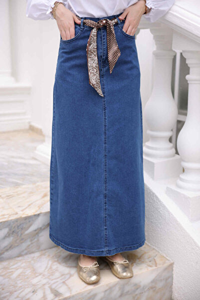 İmajButik Dark Blue Shawl Belted Denim Skirt