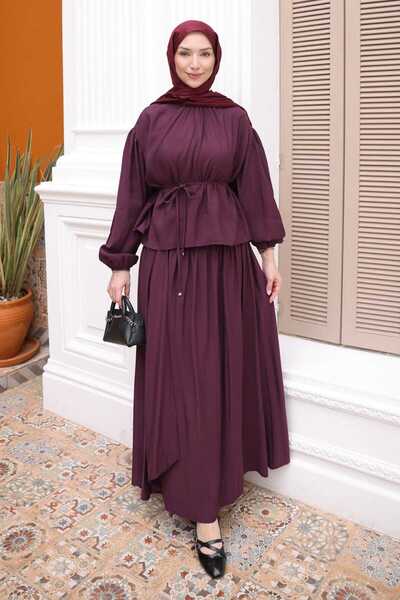 İmajButik Plum Collar Gathered Waist Tie Skirt Set