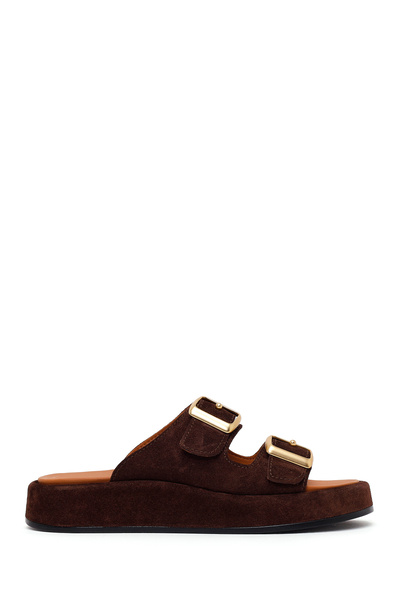 Derimod Women's Brown Double Buckle Thick Soled Suede Leather Slippers 26Pfd2...