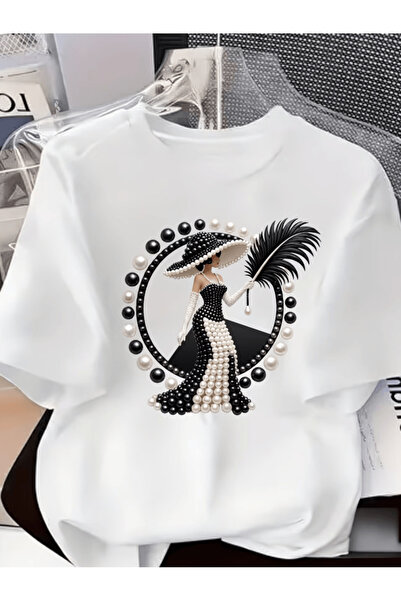 one button Tricou supradimensionat premium cu imprimeu cu detalii negre, perl...