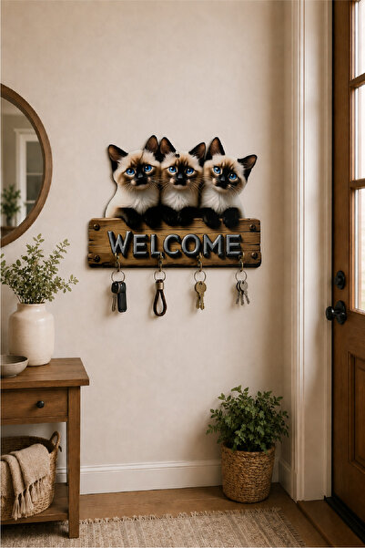 no77decor Sevimli Kediler Temalı Dekoratif Duvar Askılı Anahtarlık – 3D Görün...