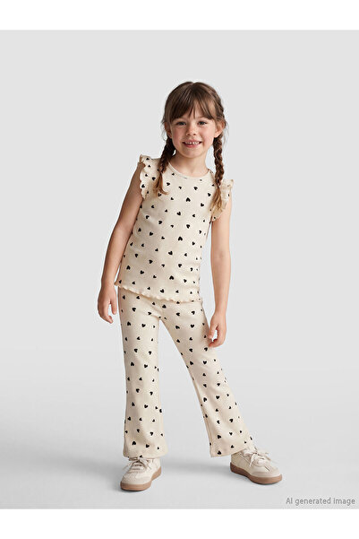 LC Waikiki Beige Heart Printed Girls' Blouse and Leggings