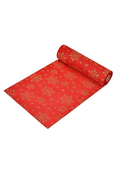 Zumzeria Țesătură decorativă roșie de Crăciun cu fulgi de zăpadă aurii cu scl...