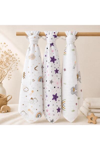 miely Çok Amaçlı İki Katlı Müslin Örtü & Battaniye 3'lü Set 80x80 cm %100 Pamuk
