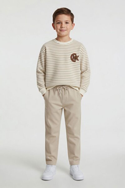 Cansın Mini Beige Striped Patterned Sweater and Linen Trousers Boys' Top and ...
