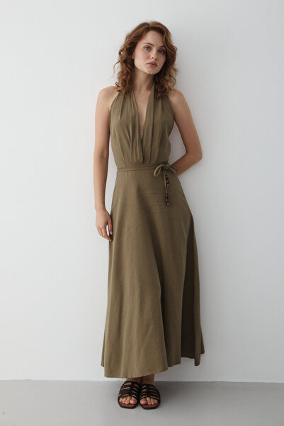 My Blog Khaki Backless Low-Cut Halter Dress - 8078