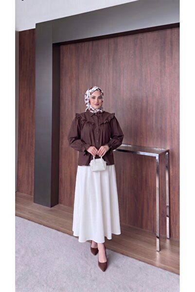 TrendParis Ruffle Detailed Flounce Viscose Shirt Brown