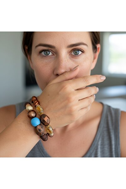 COCOSH TAKI Brown blue gold large bead multi combination bracelet