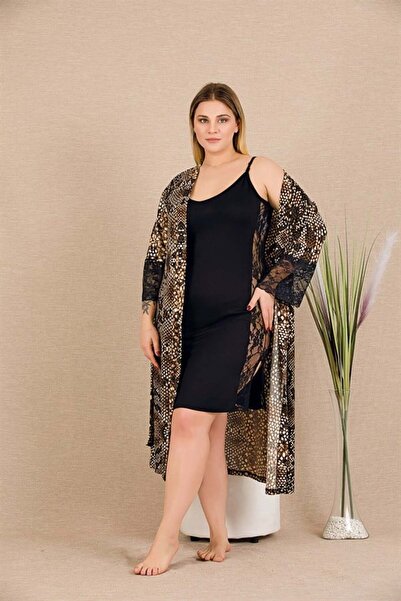 MEKs Plus size snake print lace embroidered 2-piece viscose black nightgown a...