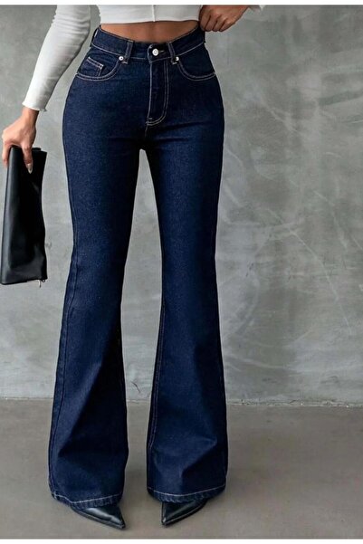 MRİABE Navy Blue High Waist Spanish Leg Jean Trousers