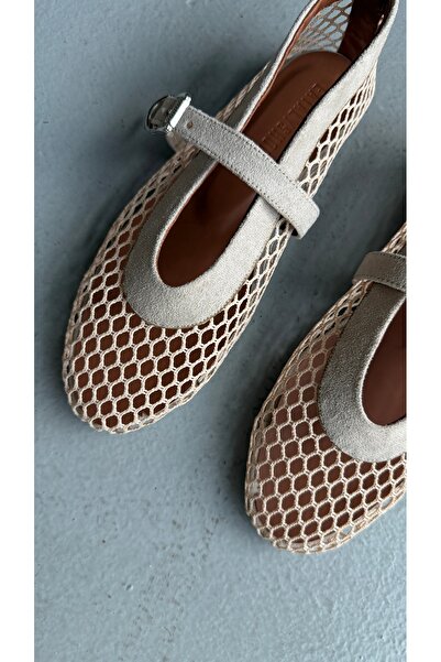Eataly Shoes Balerini Cody din piele intoarsa bej cu detaliu curea din plasa ...