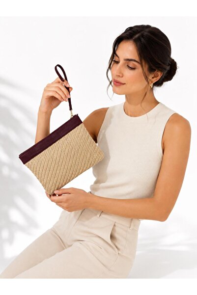 Nexora Collection Burgundy Color Women's Wicker Clutch Model with Handle