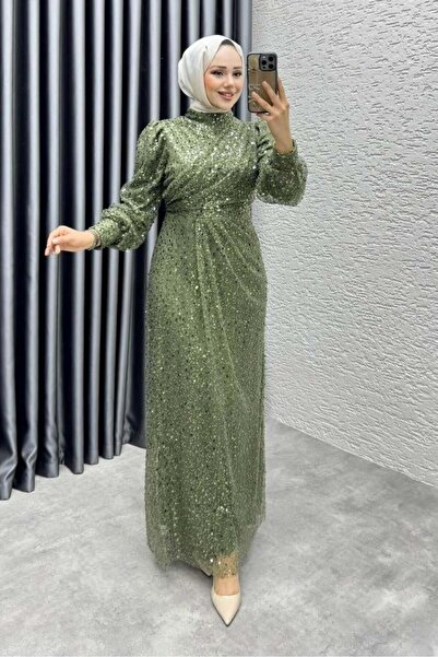 Kalemen Moda Drape İşlemeli Pullu Abiye 8012 Haki