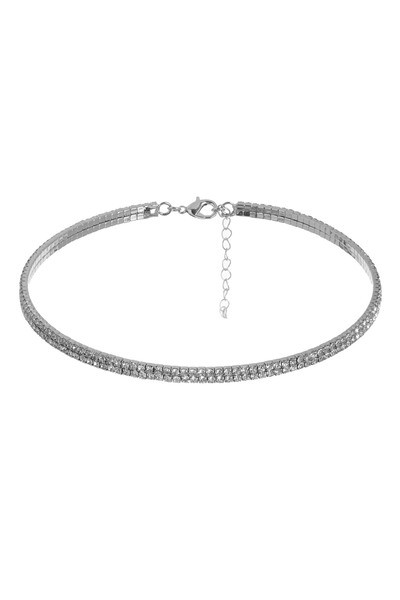 Zumzeria Colier choker argintiu cu două rânduri și strasuri argintii