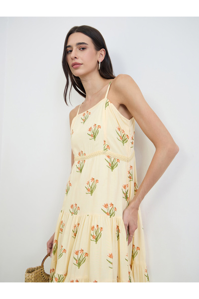 Styli Yellow Floral Strappy Tiered Midi Dress