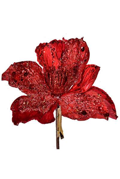 Zumzeria Floare decorativă de Crăciun cu clemă, Magnolie roșie și sclipici, 25cm