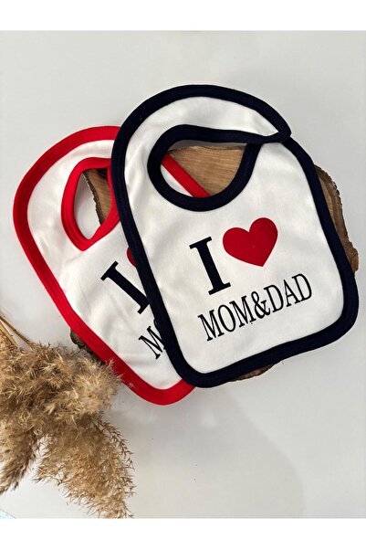 Miniminiksdesing I Love Mom&Dad Baby 2-Piece Combed Cotton Baby Bib Red - Nav...