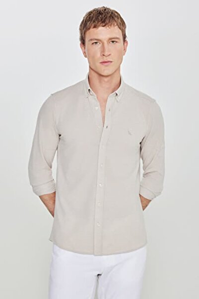 Altınyıldız Stretchable in All Directions Cotton Knitted Beige Men's Shirt