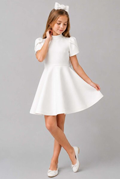 Riccotarz Girl's White Dress with Back Button and Low-Cut Detail and Lining I...