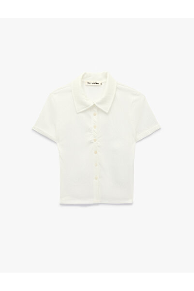 Koton Bürümcük Fabric Buttoned Classic Collar Short Sleeve Crop T-Shirt