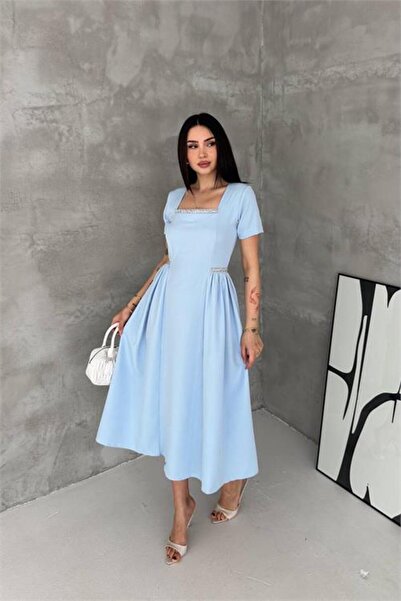 Neşeli Butik Women's Blue Square-Neck Stone-Detailed Skirt Draped Midi Dress ...